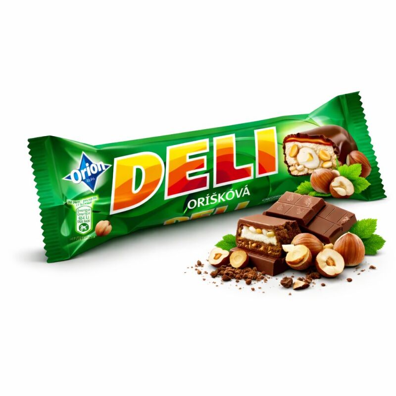 ORION DELI Oříšková tyčinka s lískovými ořechy a karamelem máčená v hořké čokoládě 35g